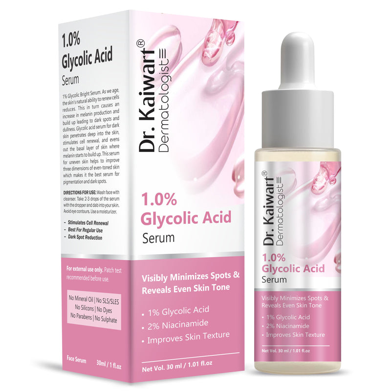 Dr. Kaiwart 1% Glycolic Acid (AHA) Face Serum with 2% Niacinamide – Exfoliating & Brightening Serum for Dark Spots, Uneven Skin Tone & Dull Skin – 30ml