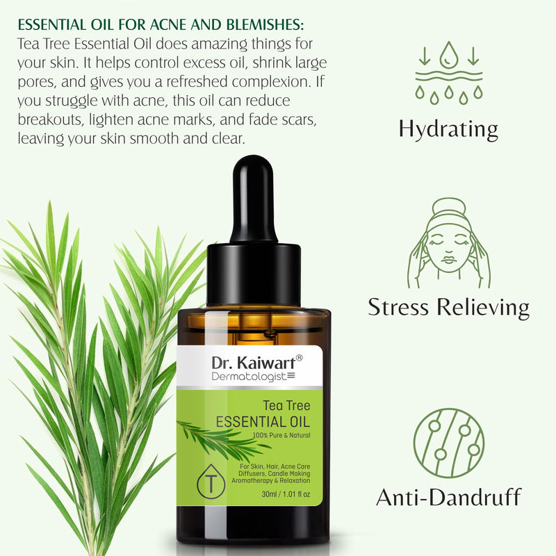 Dr. Kaiwart Tea Tree Essential Oil 100% Pure & Natural – For Acne, Skin Care, Hair Growth, Diffuser & Aromatherapy (30ml)