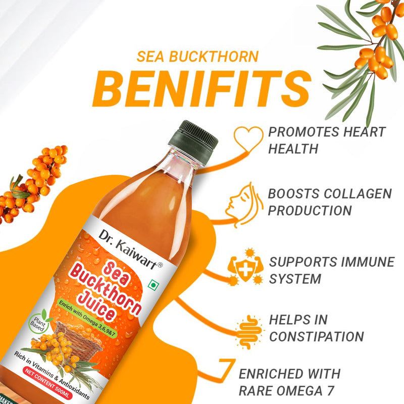 DR. KAIWART Sea Buckthorn Juice Pack of 2, Himalayan Berry, Enrich With Omega 3,6,9 & 7 (2 x 500 ml)