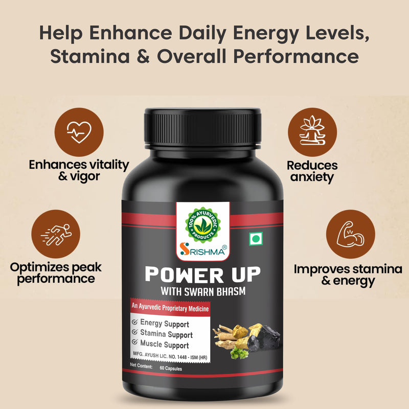 Srishma Power Up Capsules with Swarn Bhasm – Ayurvedic Energy, Stamina & Vitality Booster for Men | 60 Capsules Each (Pack of 2)