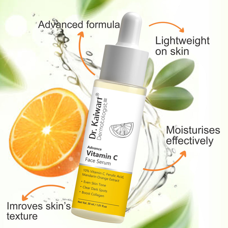 Dr. Kaiwart Advance Vitamin C Face Serum 10% with Ferulic Acid & Mandarin Orange – Brightening Serum for Dark Spots, Even Skin Tone & Collagen Boost (30ml)
