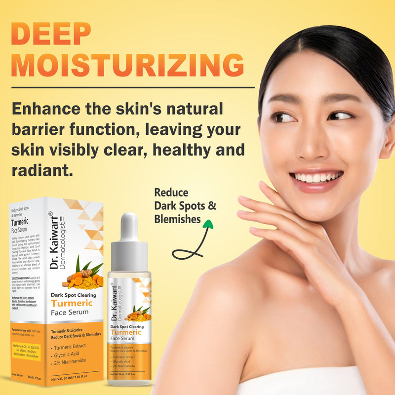 Dr. Kaiwart Dark Spot Clearing Turmeric Face Serum with Glycolic Acid & 2% Niacinamide – Brightening & Blemish Care for Clear, Radiant Skin – 30ml