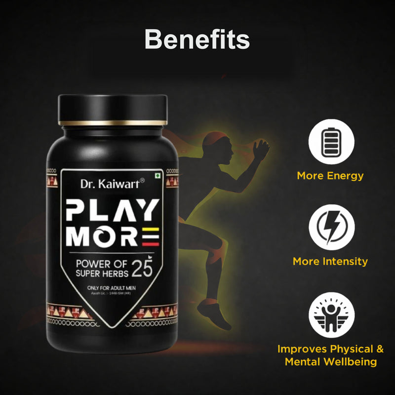 Dr. Kaiwart Play More Capsules – Ayurvedic Power of 25 Super Herbs for Men’s Energy, Stamina & Vitality (60 Capsules)
