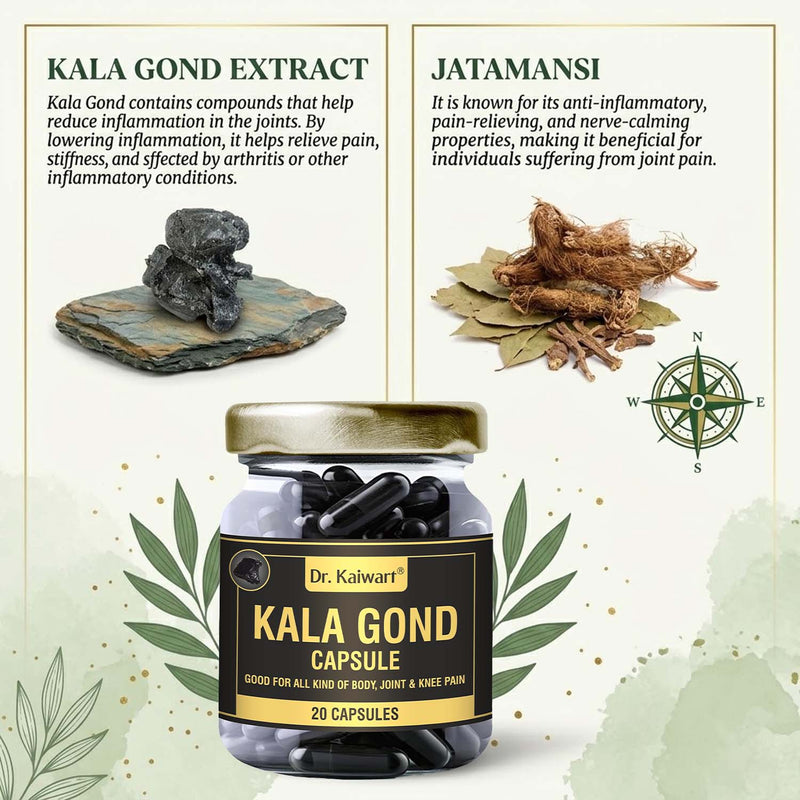 Dr. Kaiwart Kala Gond Capsule – Ayurvedic Joint Pain Relief & Anti-Inflammatory Support (20 Capsules)