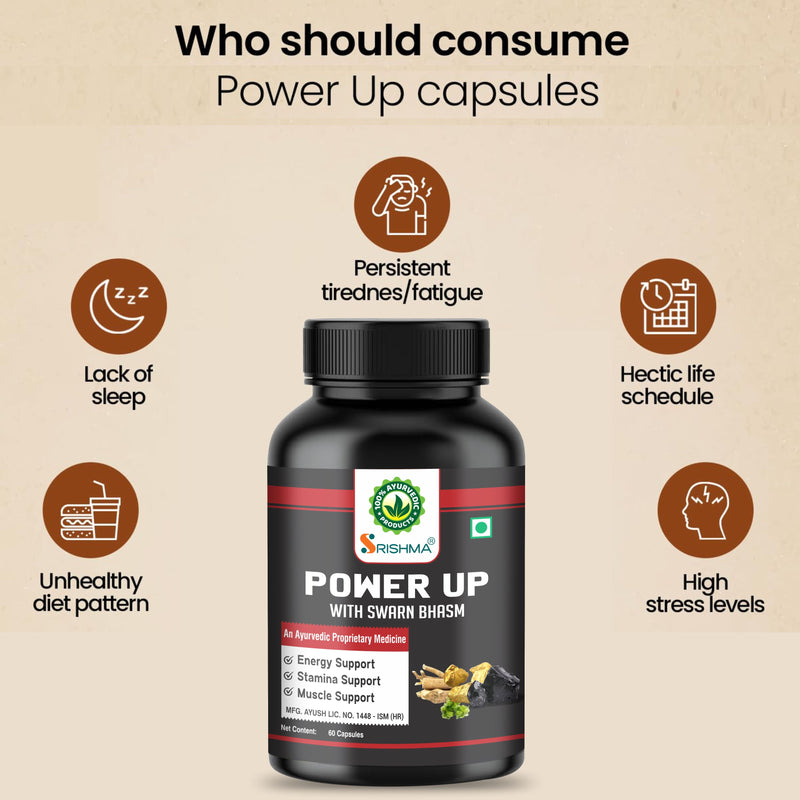 Srishma Power Up Capsules with Swarn Bhasm – Ayurvedic Energy, Stamina & Vitality Booster for Men | 60 Capsules Each (Pack of 2)