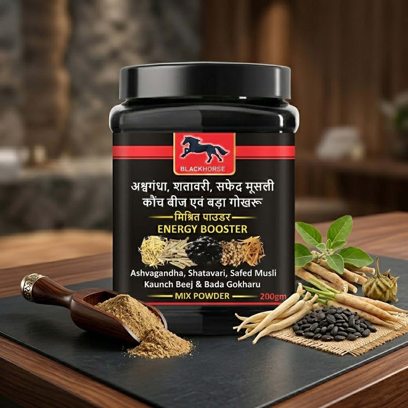 Black Horse Energy Booster Powder with Ashwagandha, Shatavari & Safed Musli – Ayurvedic Strength & Stamina Supplement (200g)