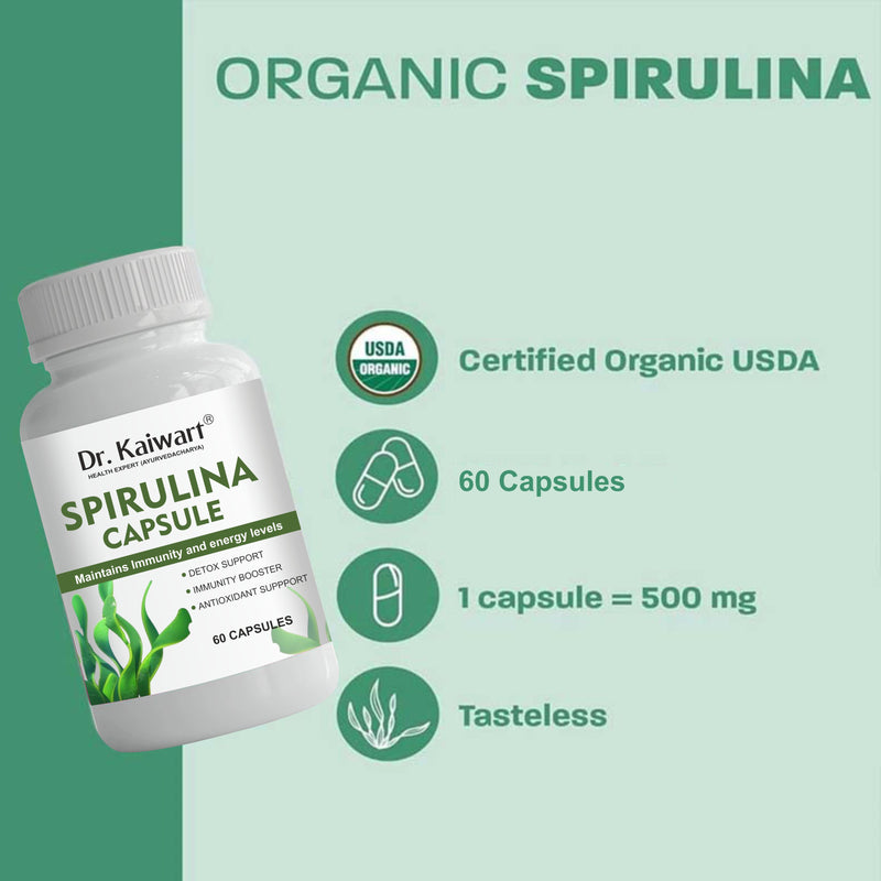 Dr. Kaiwart Organic Spirulina Capsules 500mg – Natural Immunity Booster, Energy & Detox Support Supplement 60-Capsules (Pack of 2)