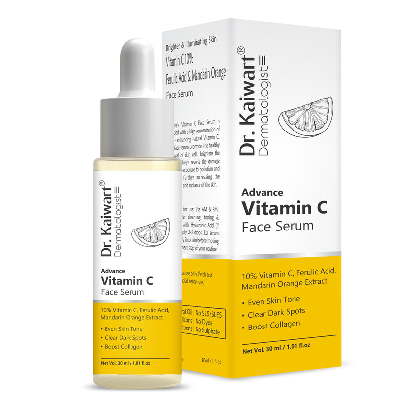 Dr. Kaiwart Advance Vitamin C Face Serum 10% with Ferulic Acid & Mandarin Orange – Brightening Serum for Dark Spots, Even Skin Tone & Collagen Boost (30ml)