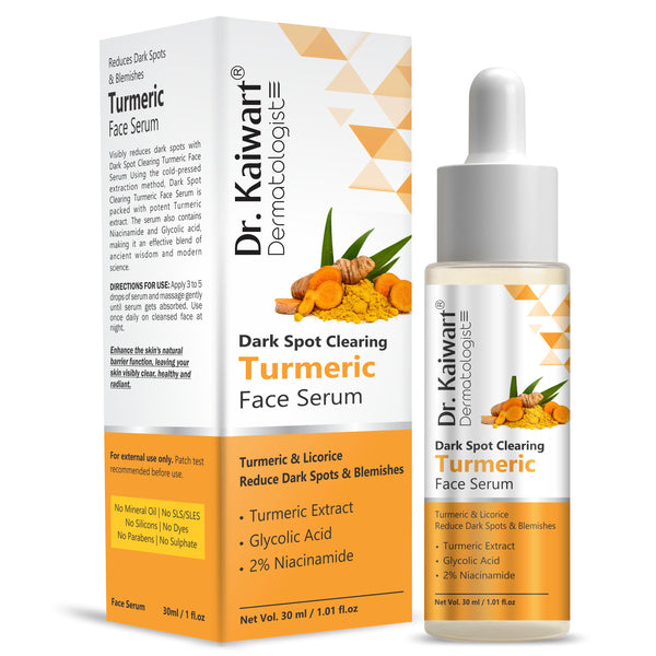 Dr. Kaiwart Dark Spot Clearing Turmeric Face Serum with Glycolic Acid & 2% Niacinamide – Brightening & Blemish Care for Clear, Radiant Skin – 30ml