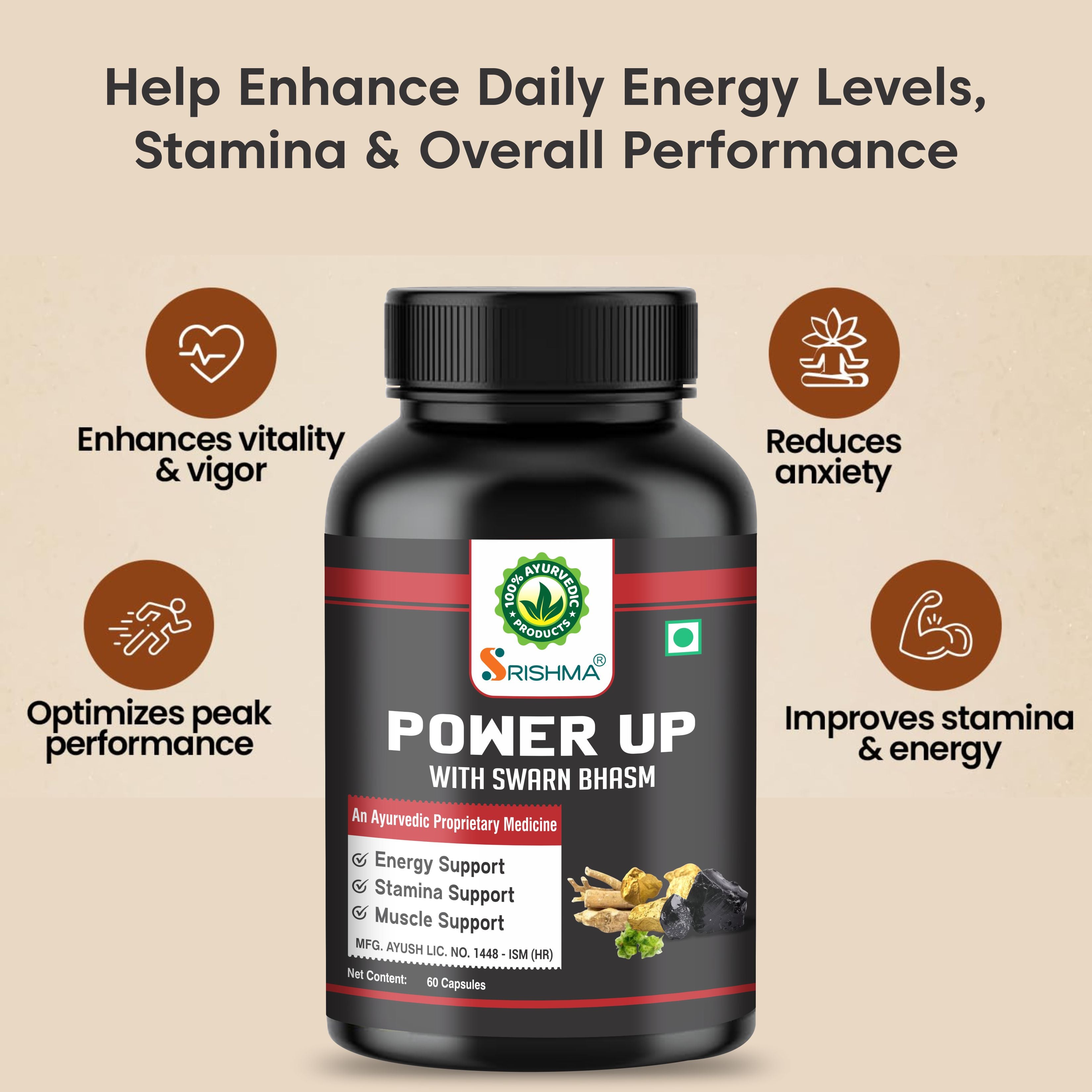 Srishma Power Up Capsules with Swarn Bhasm – Ayurvedic Energy, Stamina & Vitality Booster for Men | 60 Capsules Each (Pack of 2)