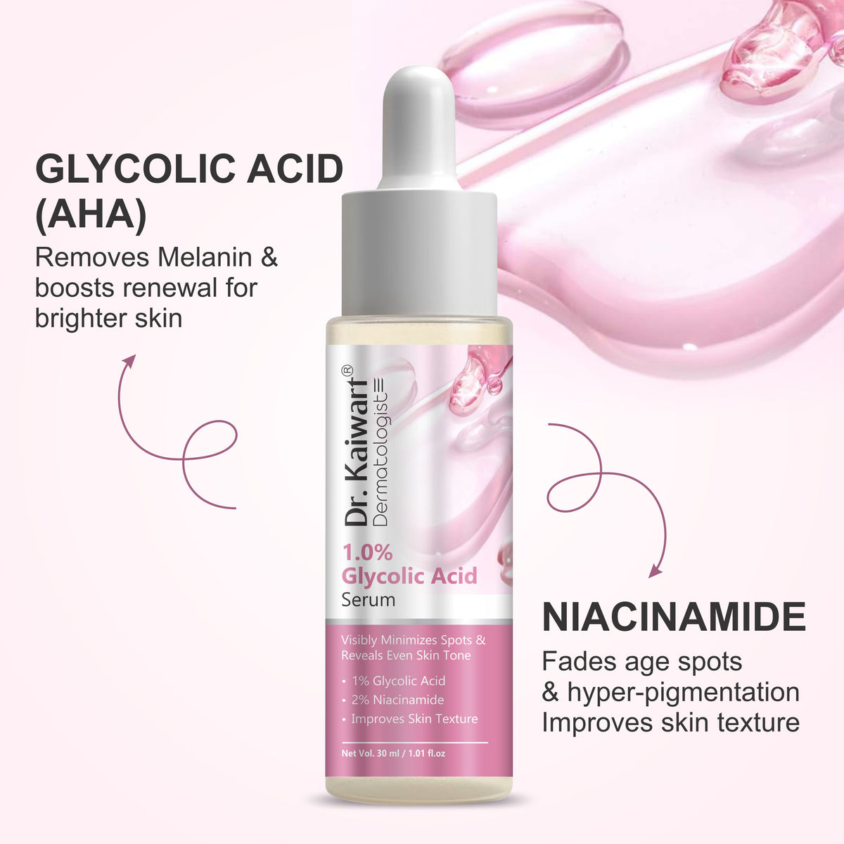 Dr. Kaiwart 1% Glycolic Acid (AHA) Face Serum with 2% Niacinamide – Exfoliating & Brightening Serum for Dark Spots, Uneven Skin Tone & Dull Skin – 30ml