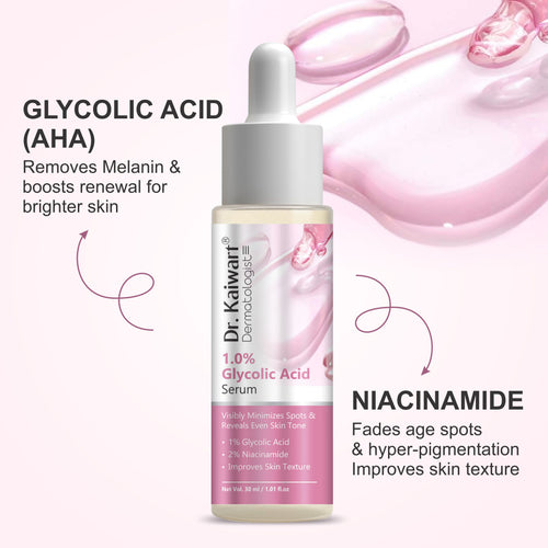 Dr. Kaiwart 1% Glycolic Acid (AHA) Face Serum with 2% Niacinamide – Exfoliating & Brightening Serum for Dark Spots, Uneven Skin Tone & Dull Skin – 30ml