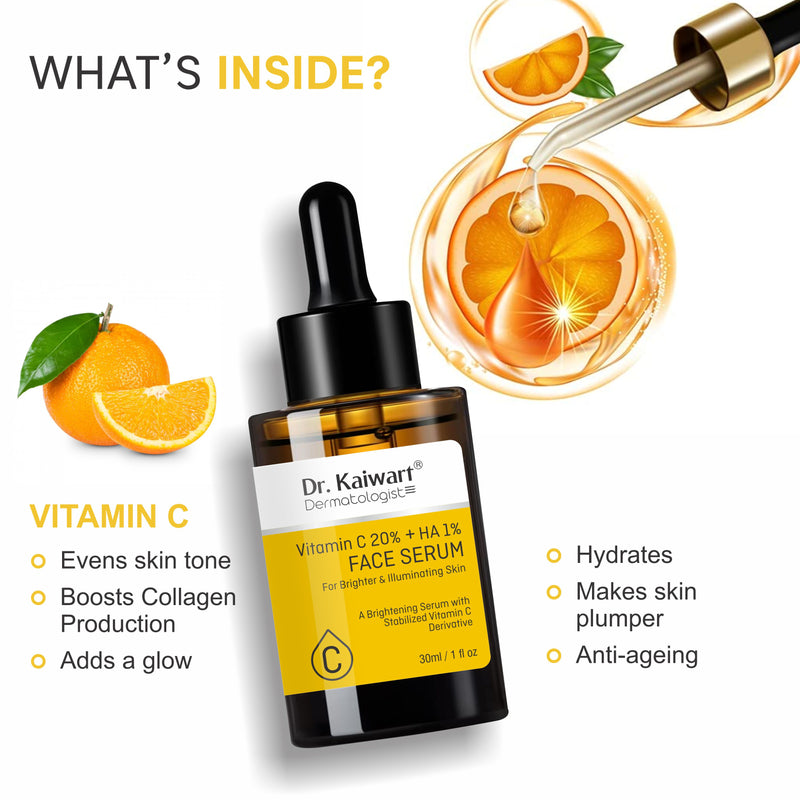 Dr. Kaiwart Vitamin C 20% + Hyaluronic Acid 1% Face Serum – Brightening & Anti‑Aging Serum for Glowing, Even-Toned Skin (30ml)