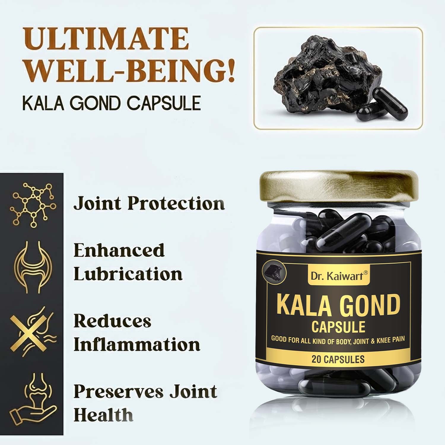 Dr. Kaiwart Kala Gond Capsule – Ayurvedic Joint Pain Relief & Anti-Inflammatory Support (20 Capsules)
