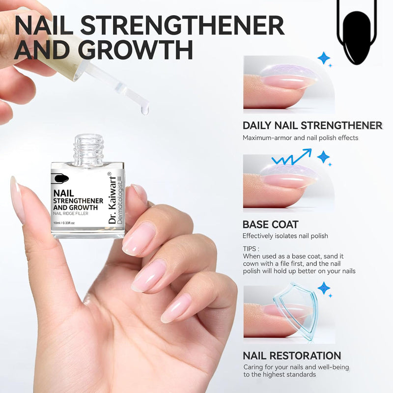Dr. Kaiwart Nail Strengthener and Growth – 8‑in‑1 Nail Repair Treatment with Keratin, Collagen & Jojoba Oil | Nail Ridge Filler & Base Coat for Weak, Brittle Nails | 10ml