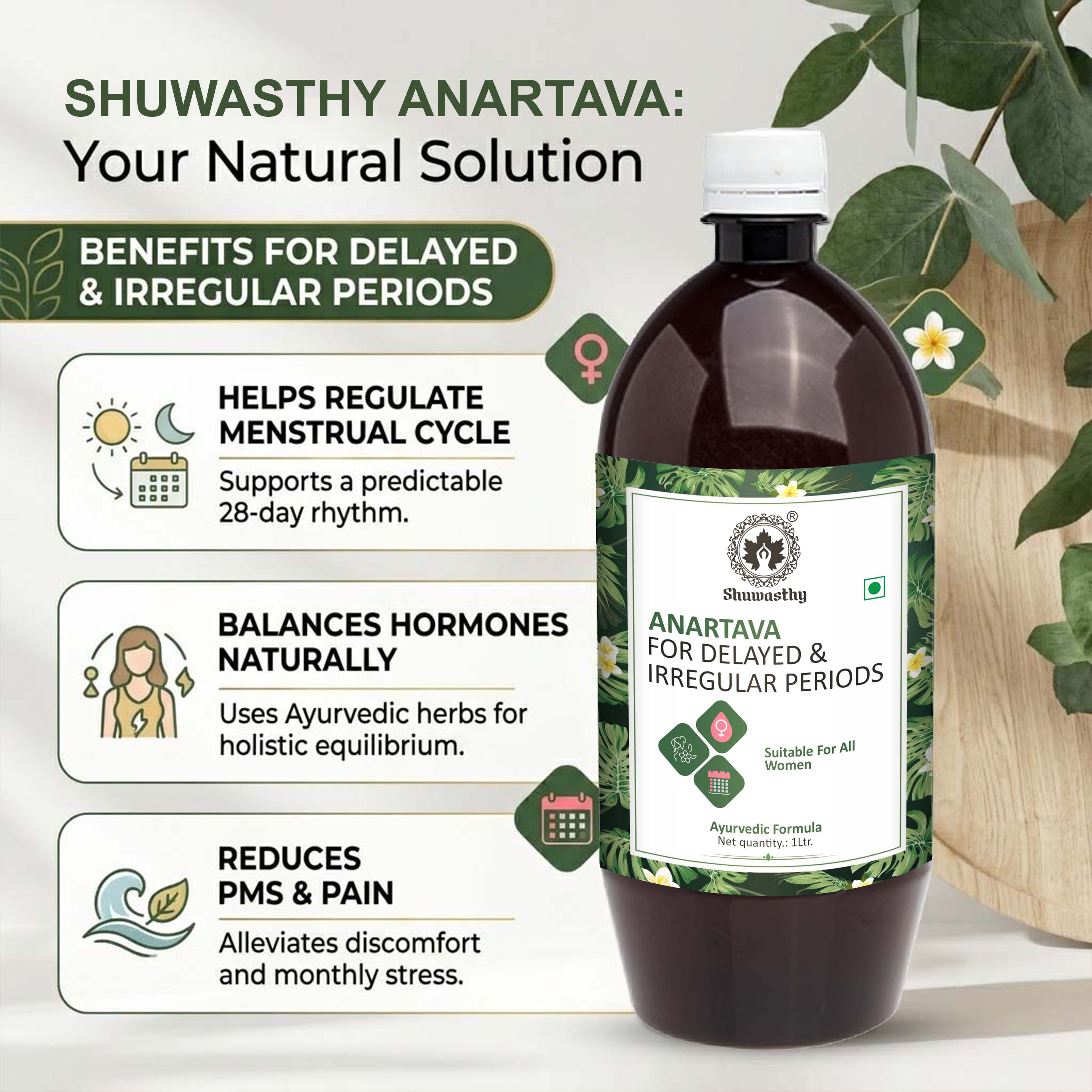 Shuwasthy Anartava Syrup for Delayed & Irregular Periods – Ayurvedic Women’s Hormonal Balance Tonic (1 Litre)