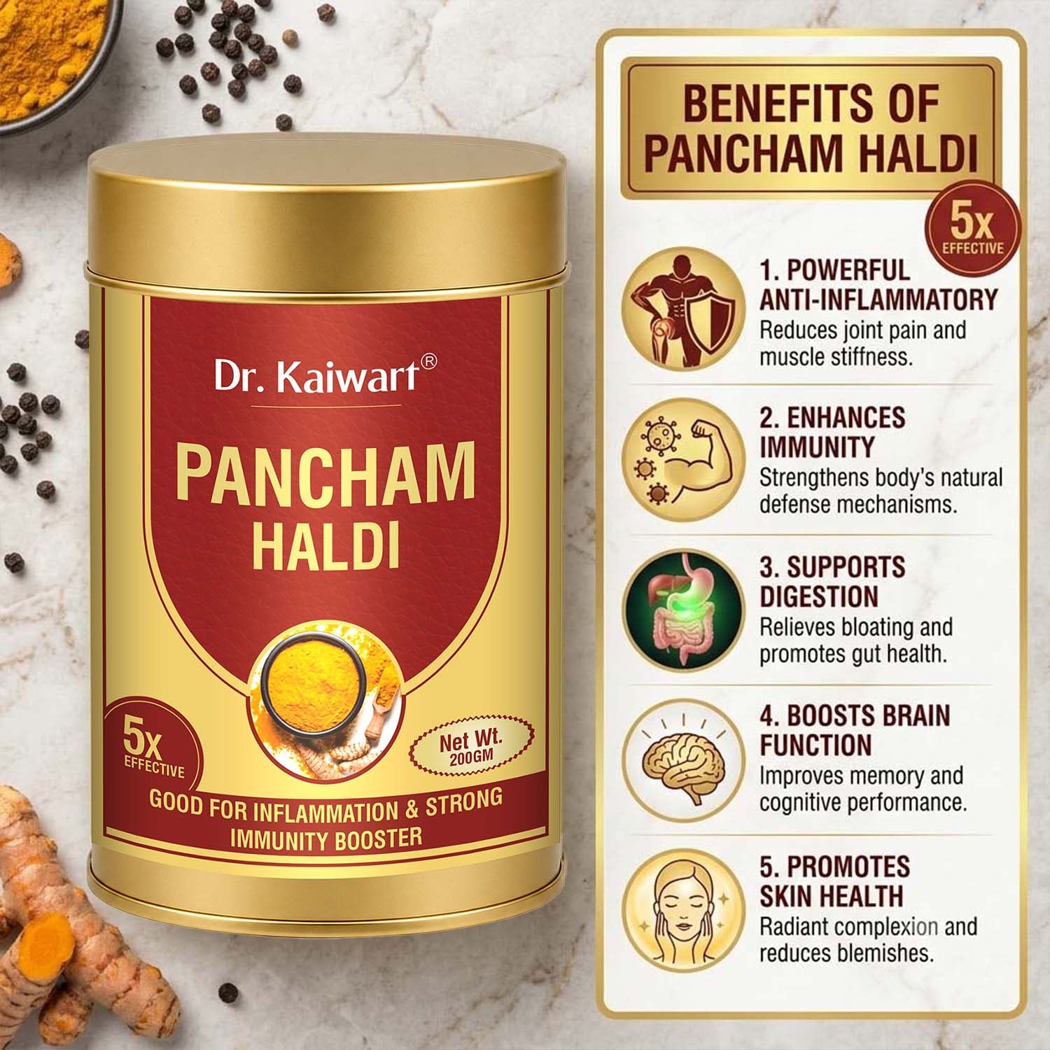 Dr. Kaiwart Pancham Haldi Powder – Premium Ayurvedic Turmeric Blend for Immunity & Inflammation Support (200g)