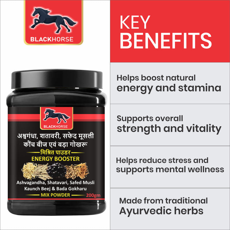 Black Horse Energy Booster Powder with Ashwagandha, Shatavari & Safed Musli – Ayurvedic Strength & Stamina Supplement (200g)