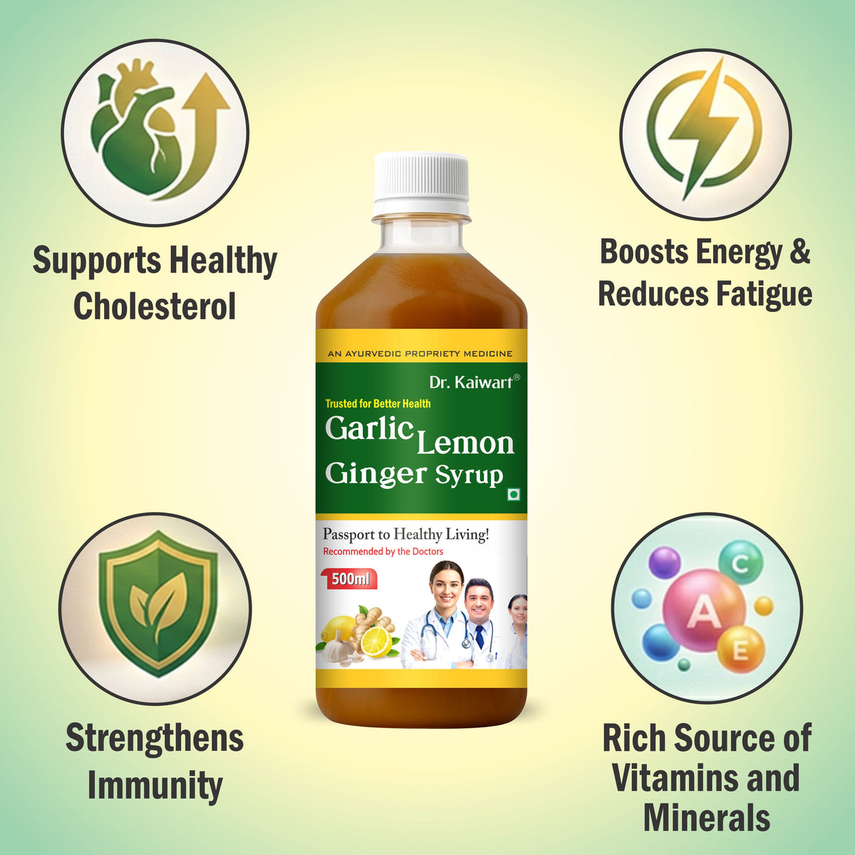 Dr. Kaiwart Garlic Lemon Ginger Syrup 500ml – Ayurvedic Herbal Tonic for Heart Health, Cholesterol & Blood Pressure Support | Natural Immunity & Detox Formula