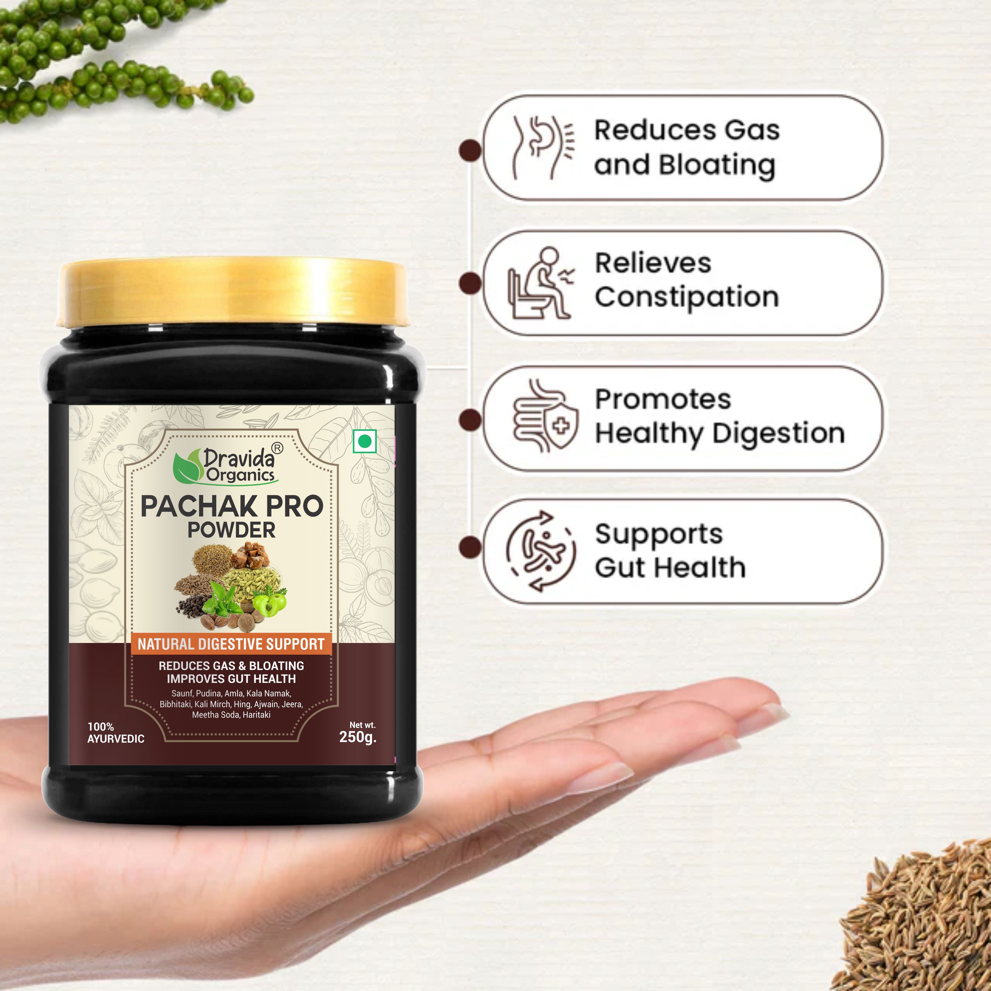 Draviada Oraganics Pachak Pro Powder for Gas and Indigestion, Acidity & Bloating 250G