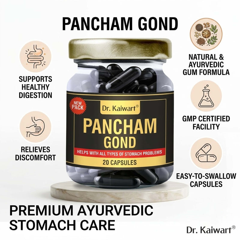 Pancham Gond Capsules 550mg | Ayurvedic Herbal Digestive Support with Moringa Gond, Chilgoza Gond, Pippali, Saunth & Kalonji | 20 Capsules