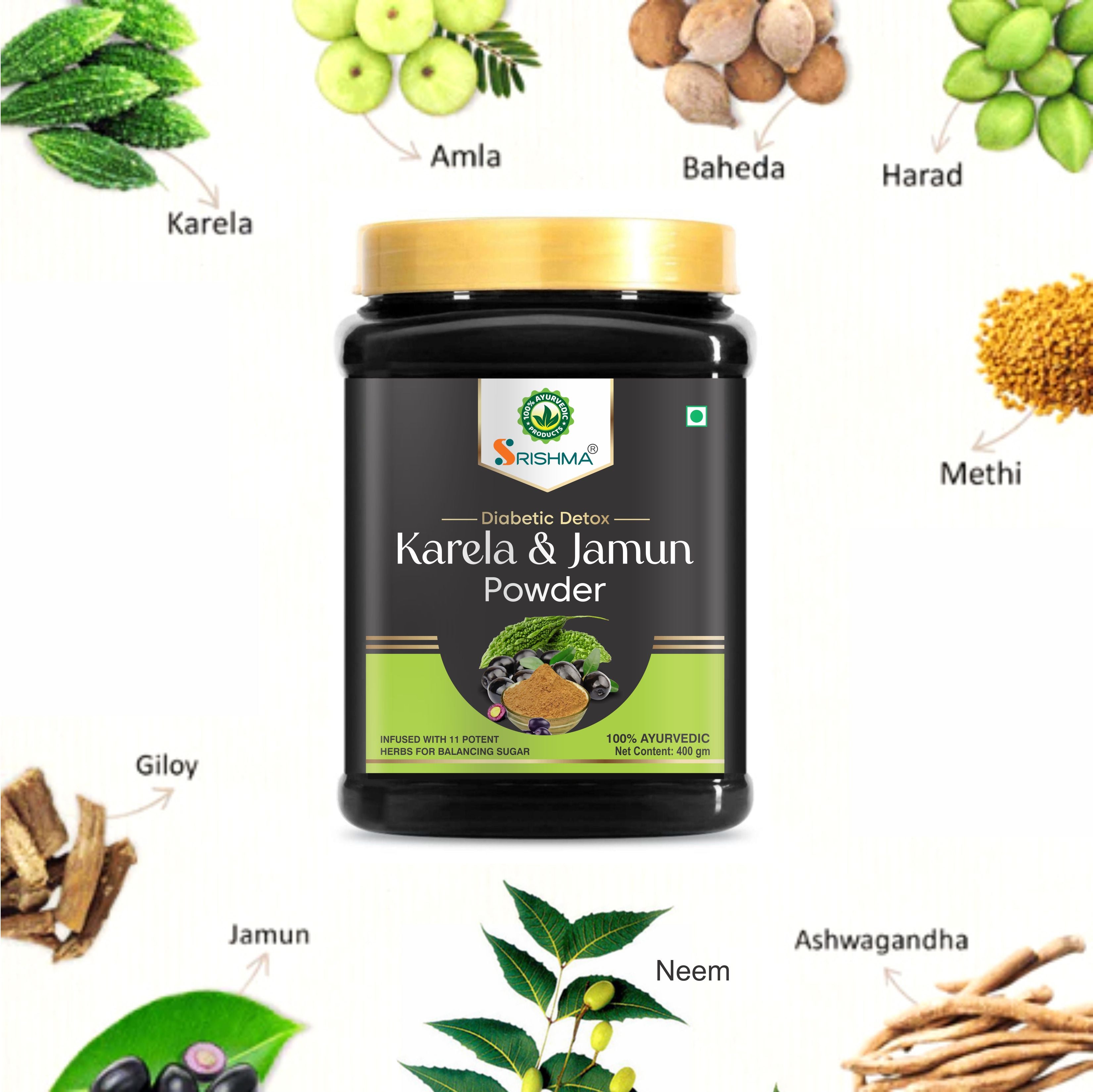 Srishma Karela & Jamun Powder for Diabetes Support – Ayurvedic Blood Sugar Control Supplement-400g