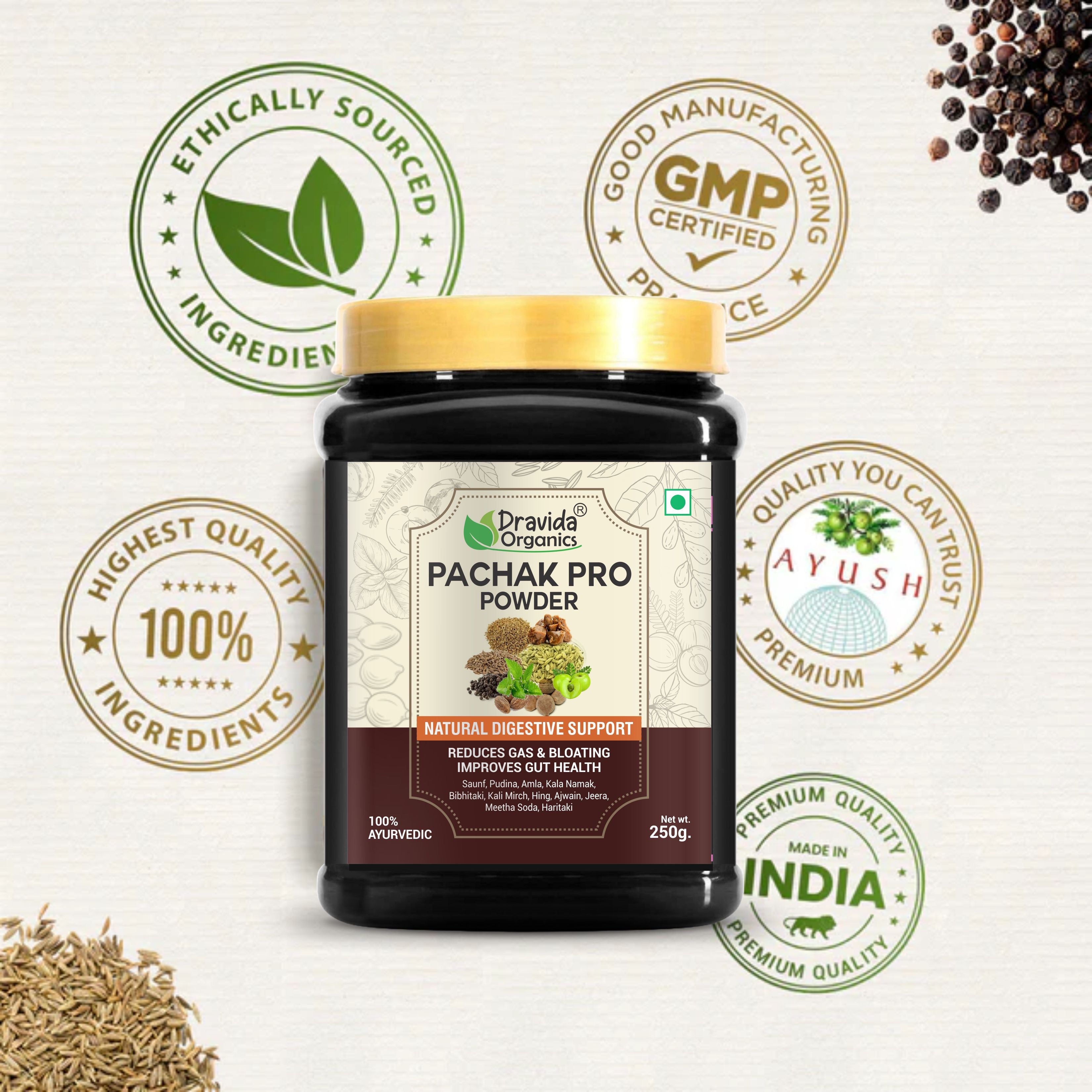 Draviada Oraganics Pachak Pro Powder for Gas and Indigestion, Acidity & Bloating 250G