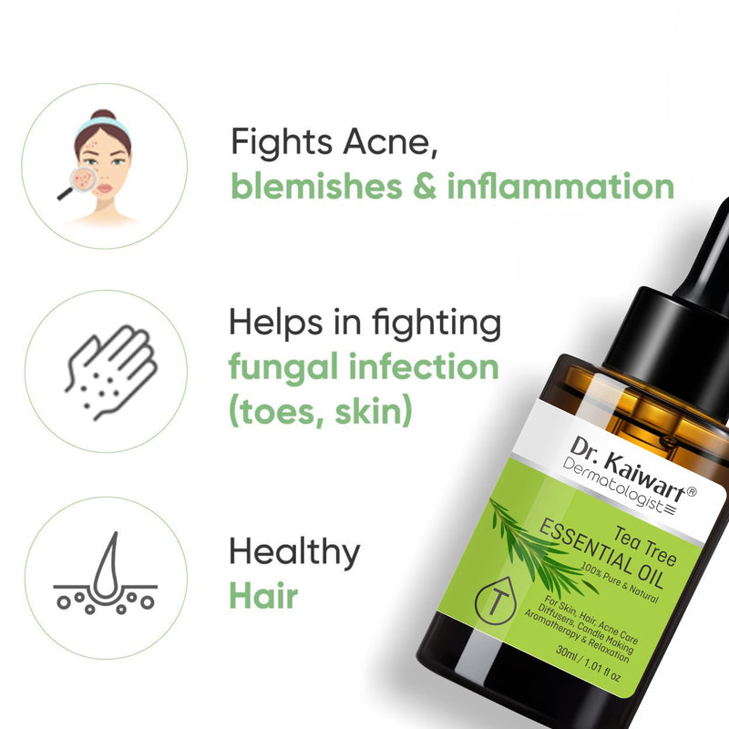 Dr. Kaiwart Tea Tree Essential Oil 100% Pure & Natural – For Acne, Skin Care, Hair Growth, Diffuser & Aromatherapy (30ml)