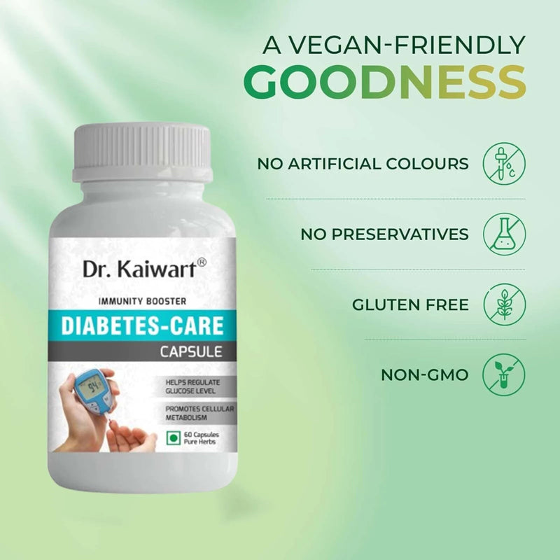 Dr. Kaiwart Diabetes-Care Capsules – Ayurvedic Blood Sugar Control Supplement with Gudmar, Karela & Jamun | 60 Veg Capsules