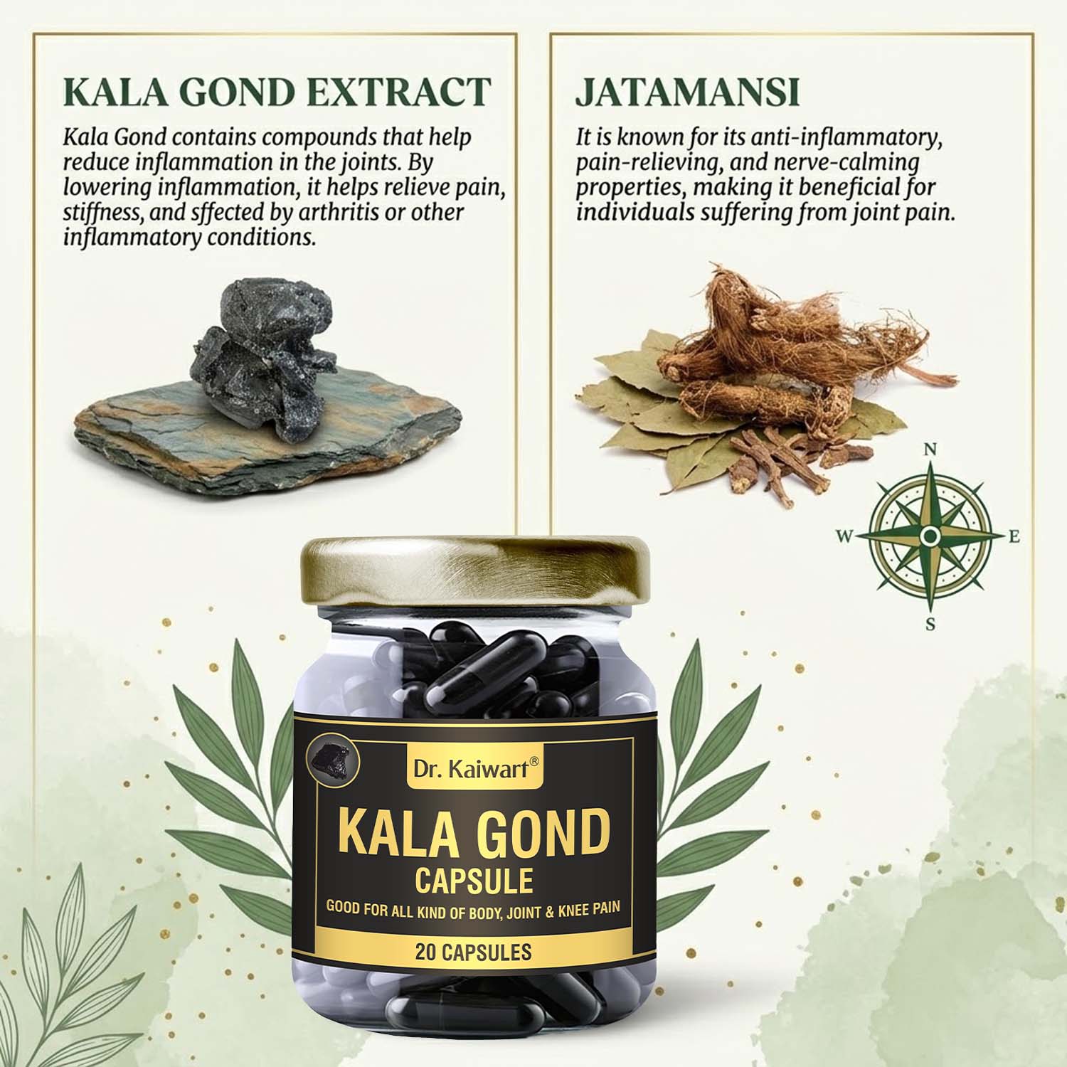 Dr. Kaiwart Kala Gond Capsule – Ayurvedic Joint Pain Relief & Anti-Inflammatory Support (20 Capsules)