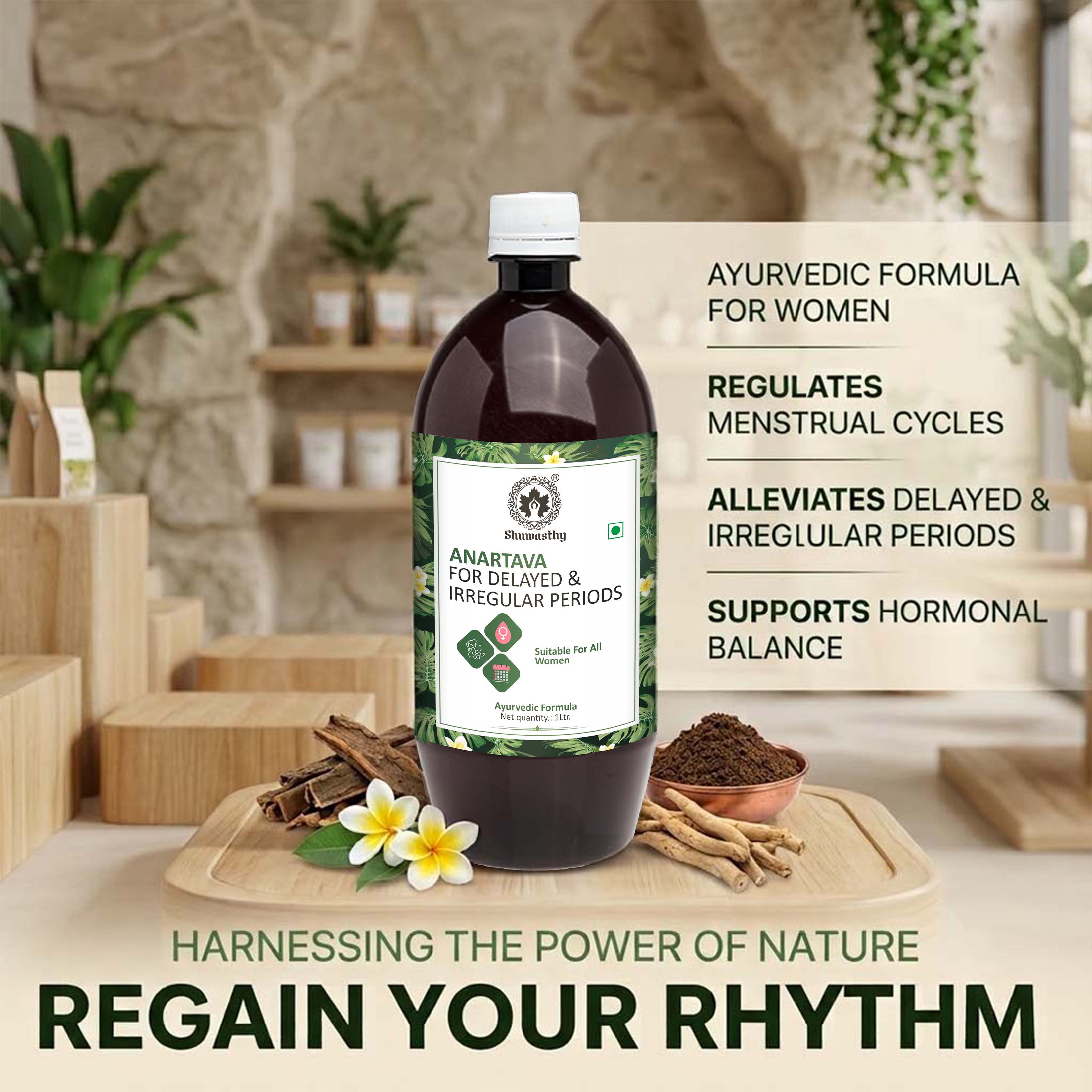 Shuwasthy Anartava Syrup for Delayed & Irregular Periods – Ayurvedic Women’s Hormonal Balance Tonic (1 Litre)