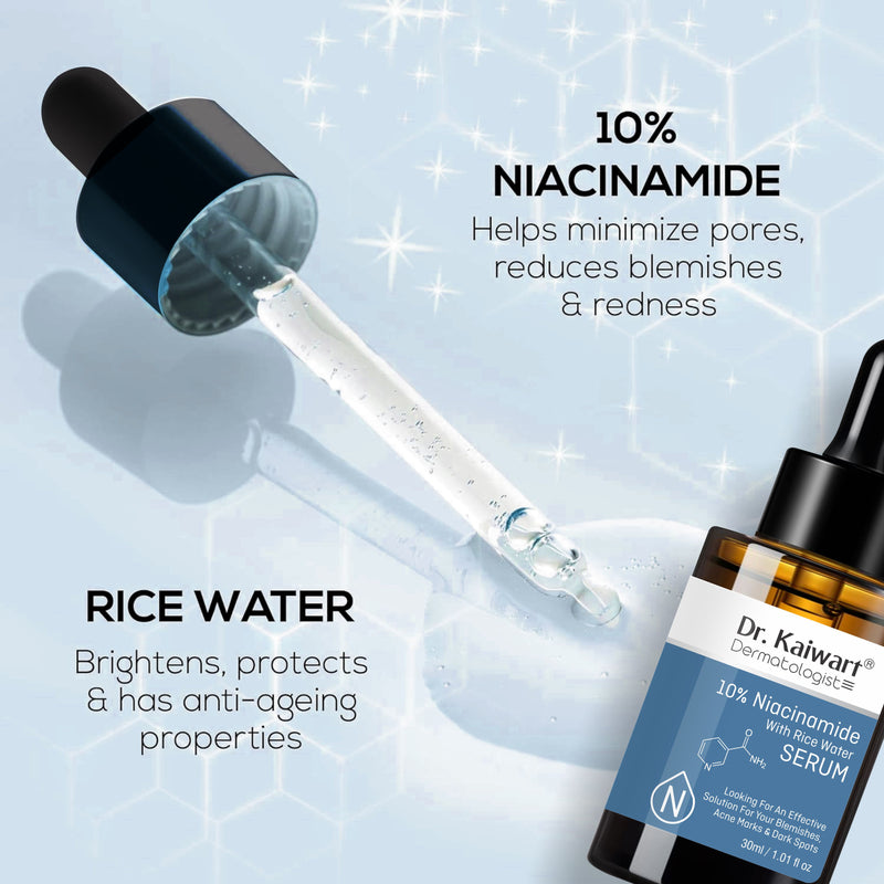 Dr. Kaiwart 10% Niacinamide Serum with Rice Water – Pore Minimizing & Brightening Face Serum for Acne Marks, Dark Spots & Even Skin Tone (30ml)