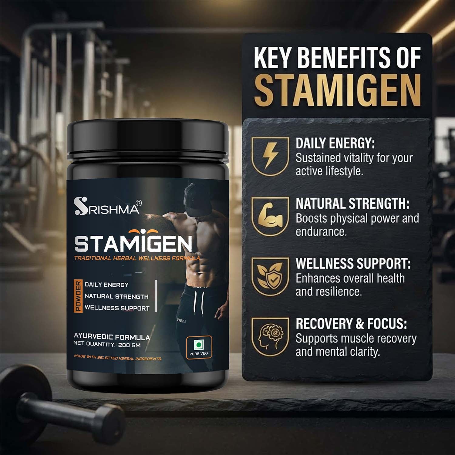 Srishma Stamigen Ayurvedic Powder – Herbal Energy, Strength & Stamina Booster for Men (200g)