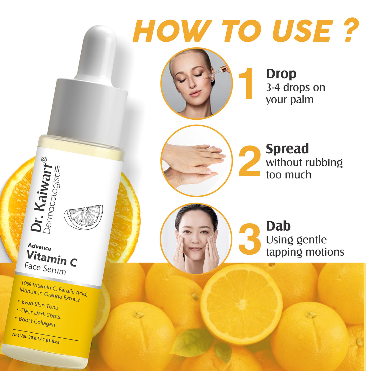 Dr. Kaiwart Advance Vitamin C Face Serum 10% with Ferulic Acid & Mandarin Orange – Brightening Serum for Dark Spots, Even Skin Tone & Collagen Boost (30ml)