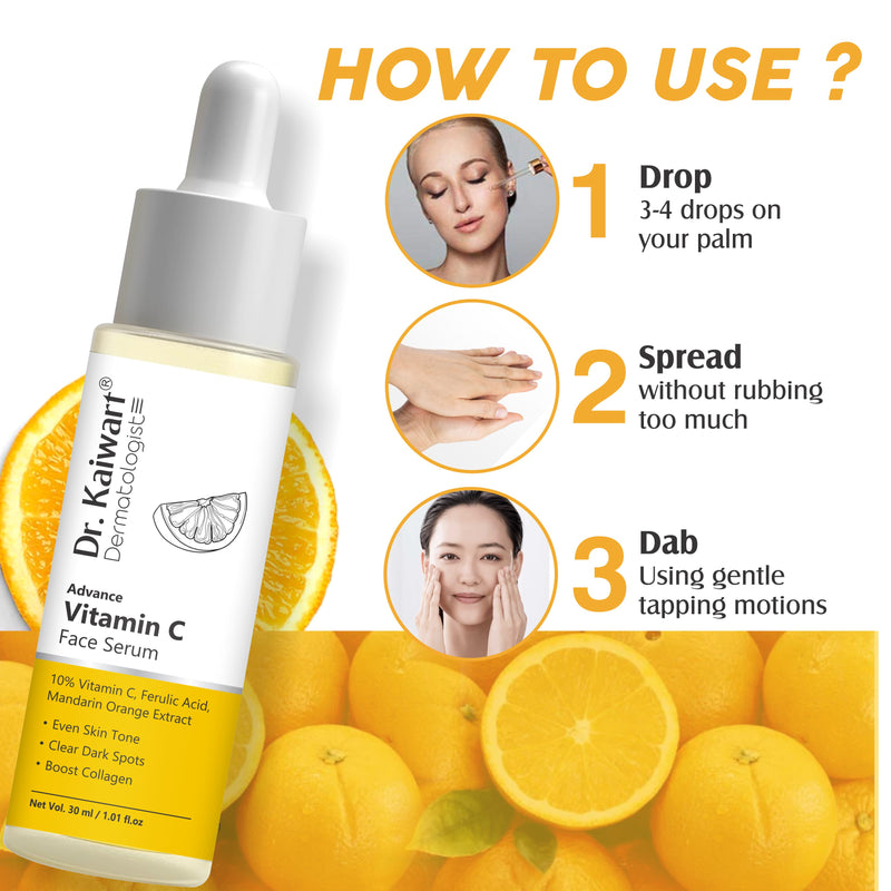 Dr. Kaiwart Advance Vitamin C Face Serum 10% with Ferulic Acid & Mandarin Orange – Brightening Serum for Dark Spots, Even Skin Tone & Collagen Boost (30ml)