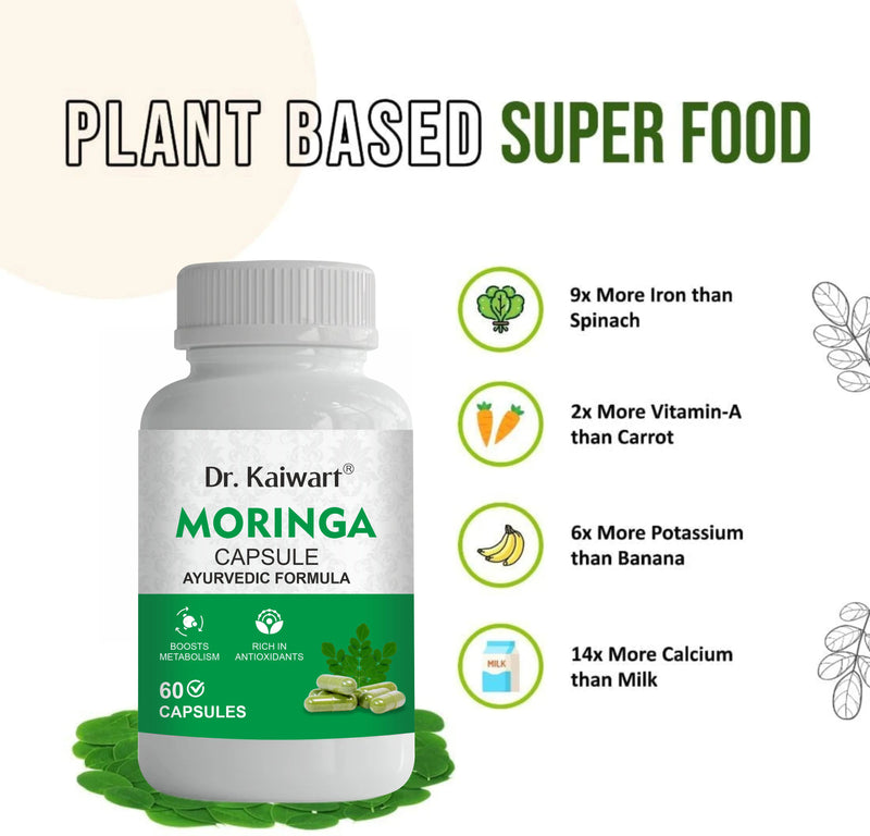 Dr. Kaiwart Moringa Capsules – 100% Natural Moringa Oleifera Leaf Extract | Ayurvedic Superfood Supplement for Immunity, Metabolism & Detox Support | Rich in Antioxidants (60 Capsules)