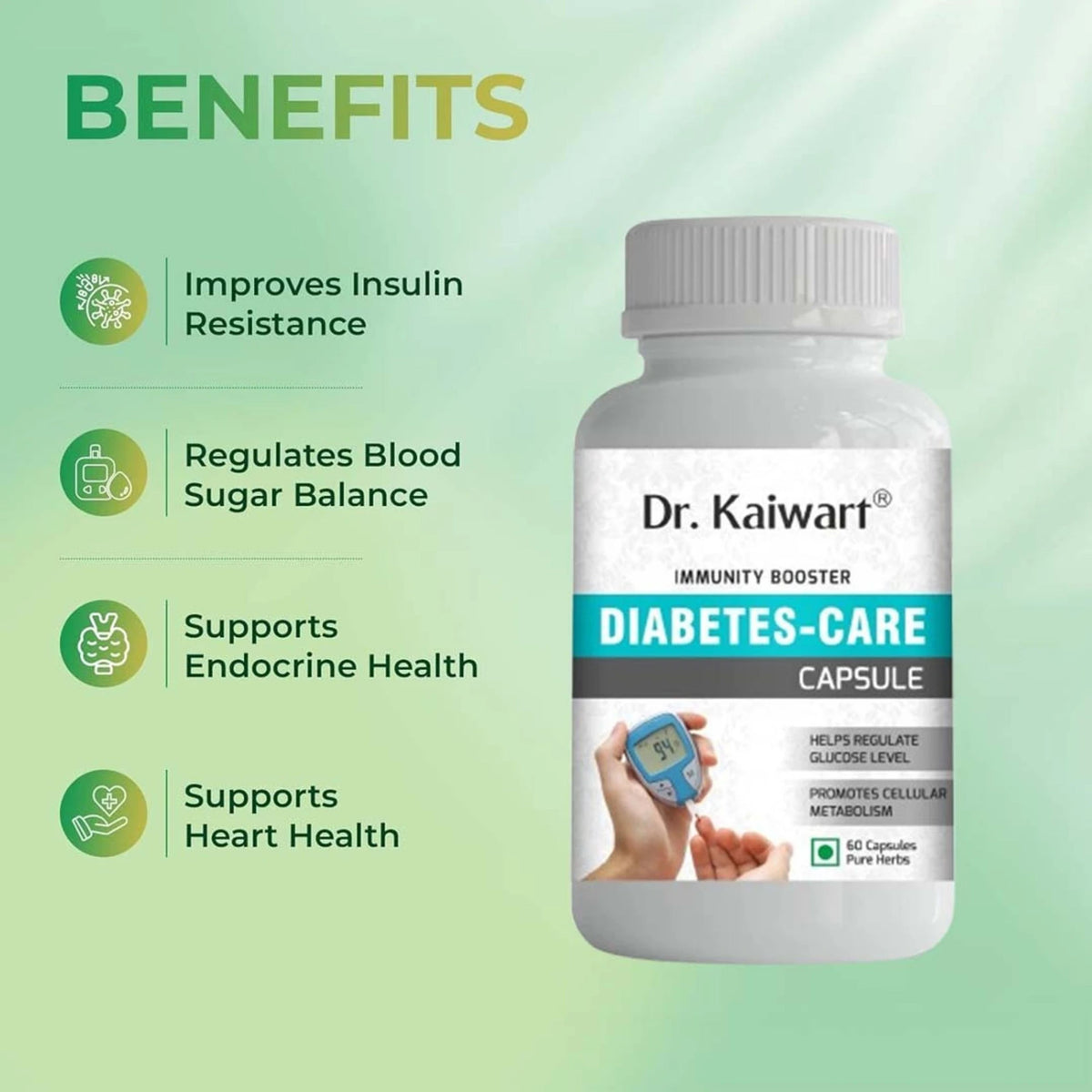 Dr. Kaiwart Diabetes-Care Capsules – Ayurvedic Blood Sugar Control Supplement with Gudmar, Karela & Jamun | 60 Veg Capsules
