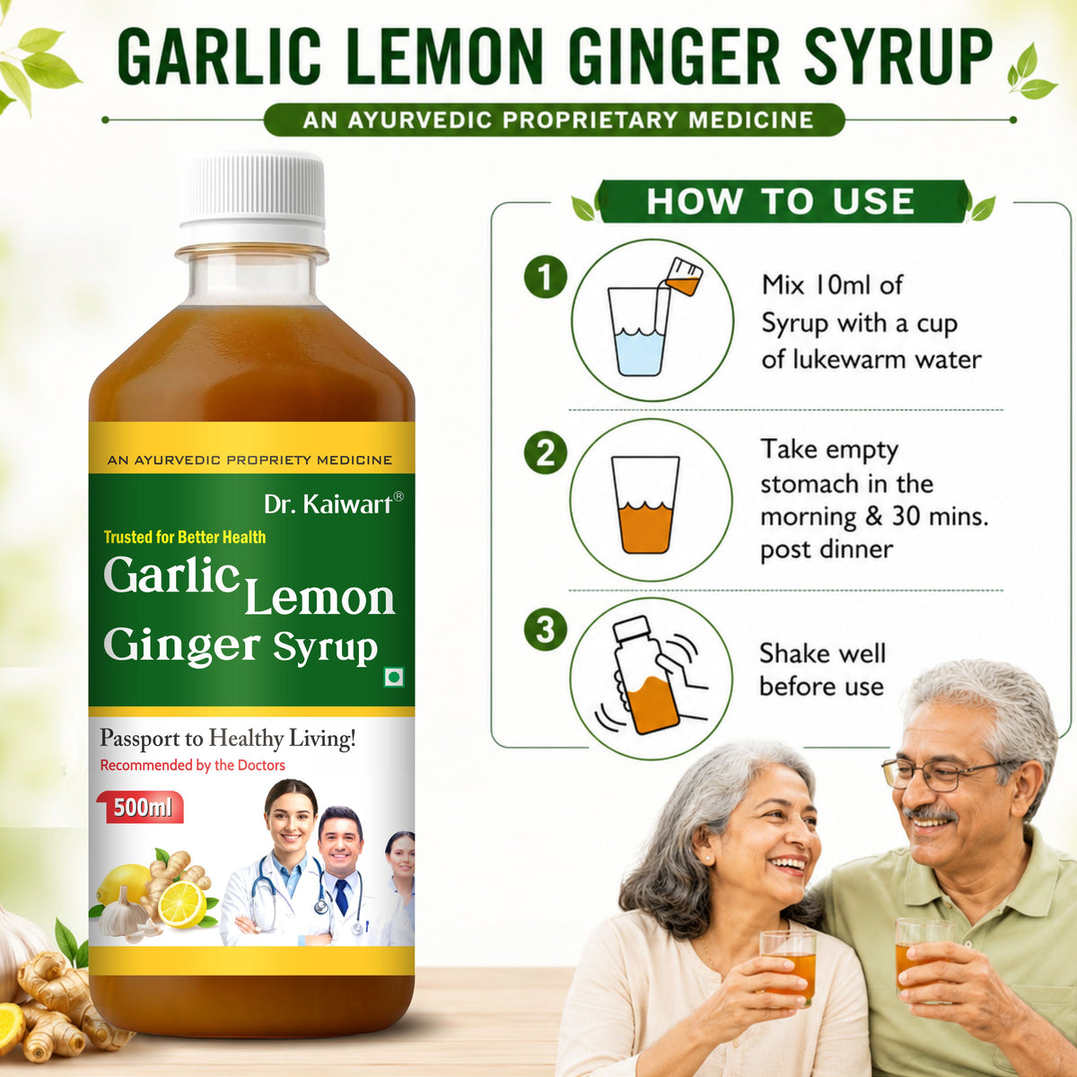 Dr. Kaiwart Garlic Lemon Ginger Syrup 500ml – Ayurvedic Herbal Tonic for Heart Health, Cholesterol & Blood Pressure Support | Natural Immunity & Detox Formula