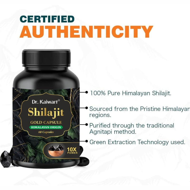 Dr. Kaiwart Himalayan Shilajit Gold Capsules – 100% Pure Shilajit Extract with Fulvic Acid – Ayurvedic Energy, Stamina & Strength Supplement (60 Capsules)