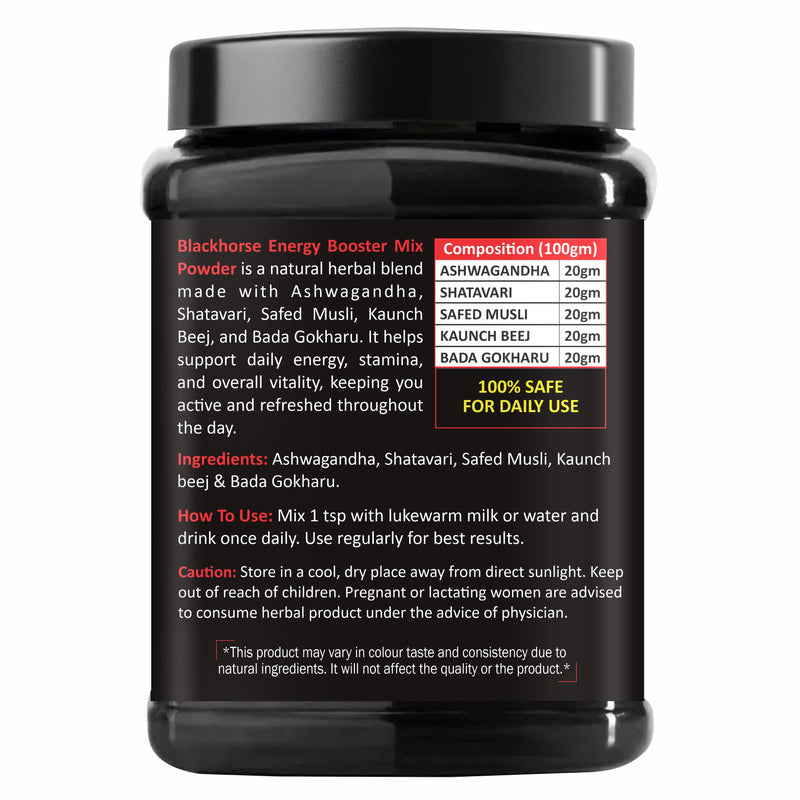 Black Horse Energy Booster Powder with Ashwagandha, Shatavari & Safed Musli – Ayurvedic Strength & Stamina Supplement (200g)