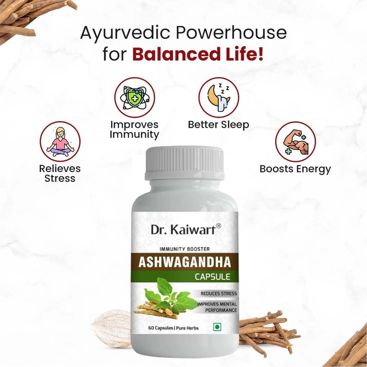 Dr. Kaiwart Ashwagandha Capsule – Natural Stress Reliever, Strength & Stamina Booster | 60 Pure Herbal Capsules