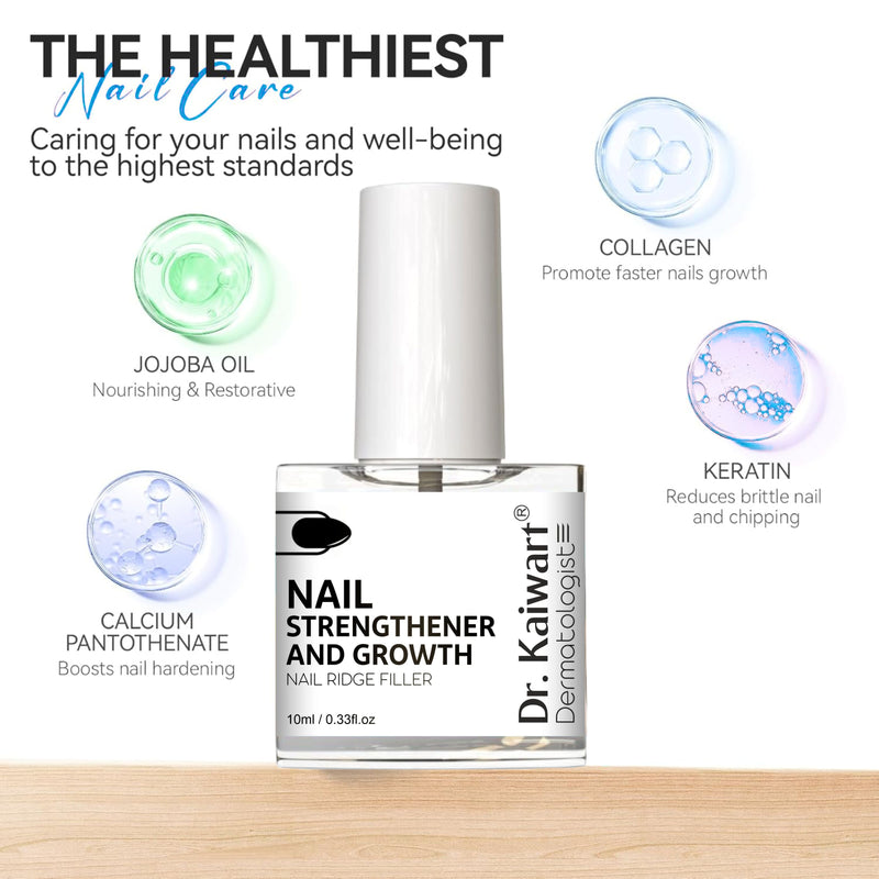 Dr. Kaiwart Nail Strengthener and Growth – 8‑in‑1 Nail Repair Treatment with Keratin, Collagen & Jojoba Oil | Nail Ridge Filler & Base Coat for Weak, Brittle Nails | 10ml