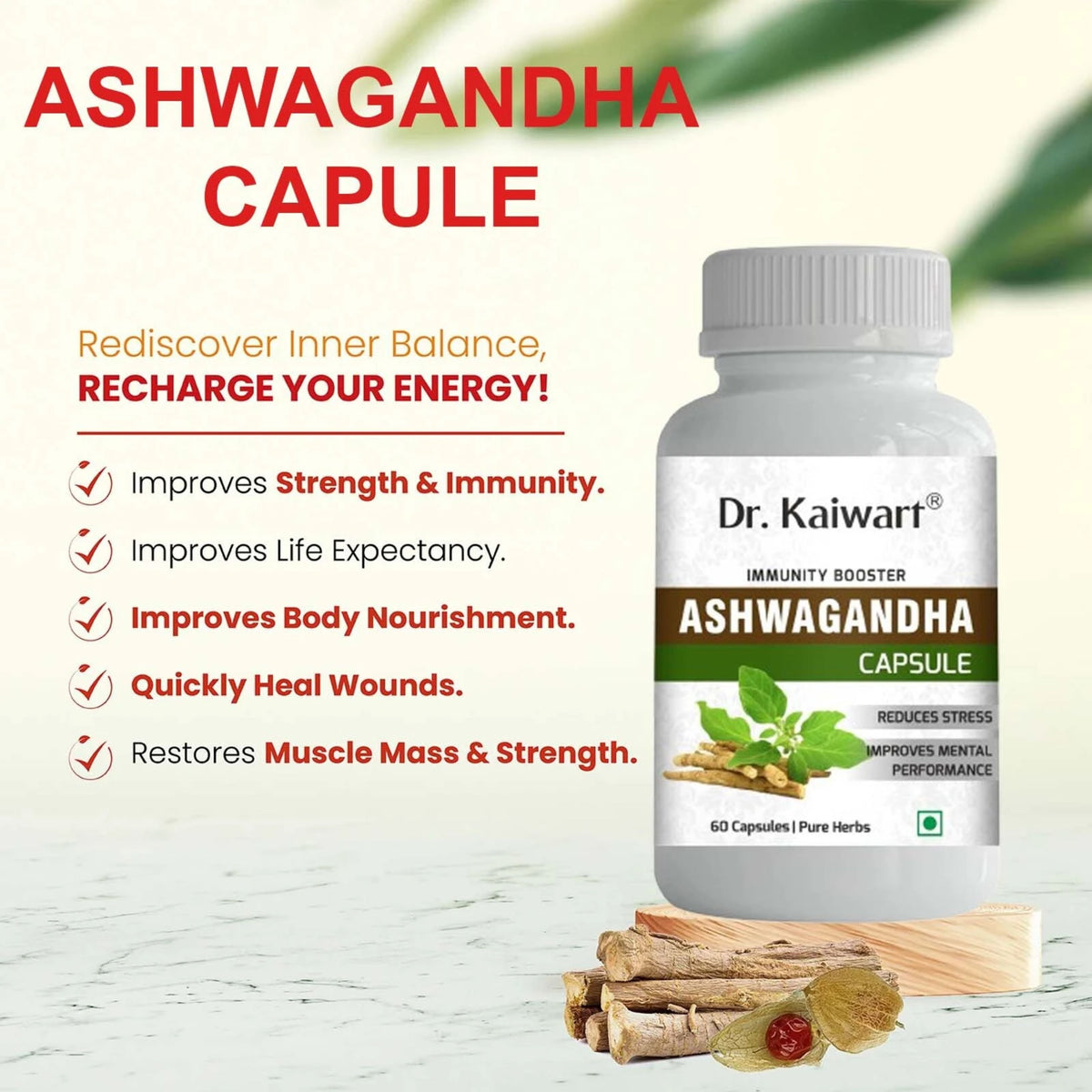 Dr. Kaiwart Ashwagandha Capsule – Natural Stress Reliever, Strength & Stamina Booster | 60 Pure Herbal Capsules