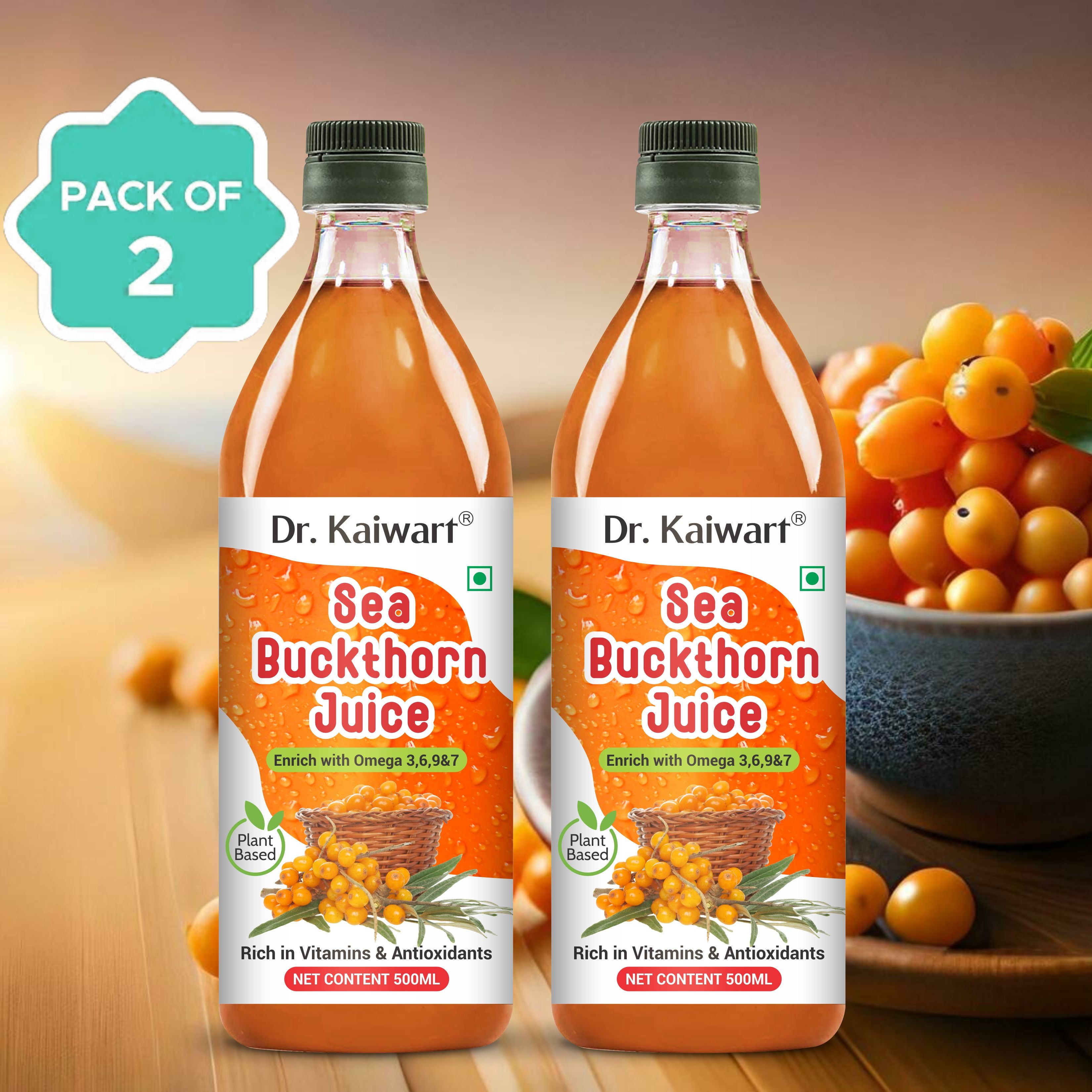 DR. KAIWART Sea Buckthorn Juice Pack of 2, Himalayan Berry, Enrich With Omega 3,6,9 & 7 (2 x 500 ml)