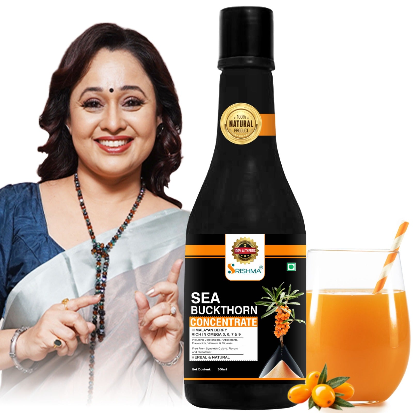 Srishma Sea Buckthorn Concentrate Pack Of 2 – 100% Natural Himalayan Berry Juice | Rich in Vitamin C & Antioxidants - Set Of 2