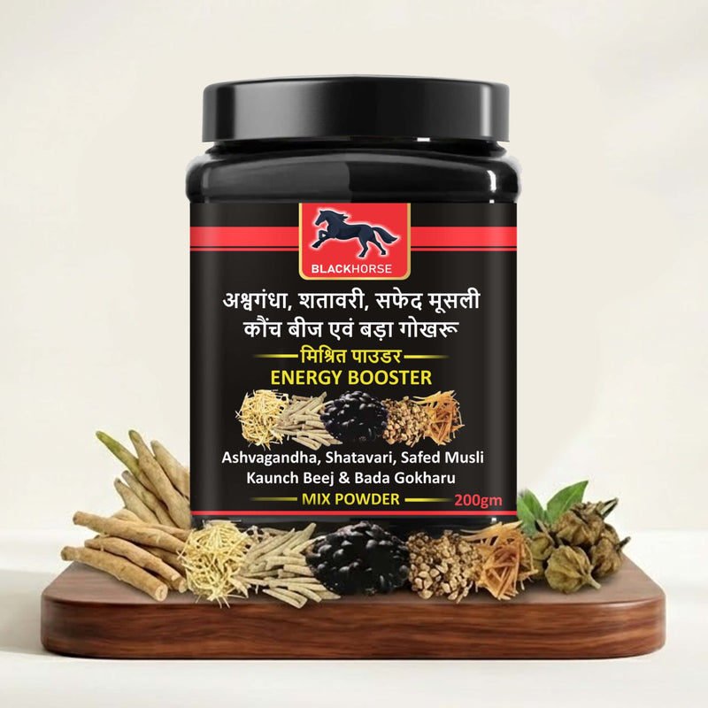 Black Horse Energy Booster Powder with Ashwagandha, Shatavari & Safed Musli – Ayurvedic Strength & Stamina Supplement (200g)